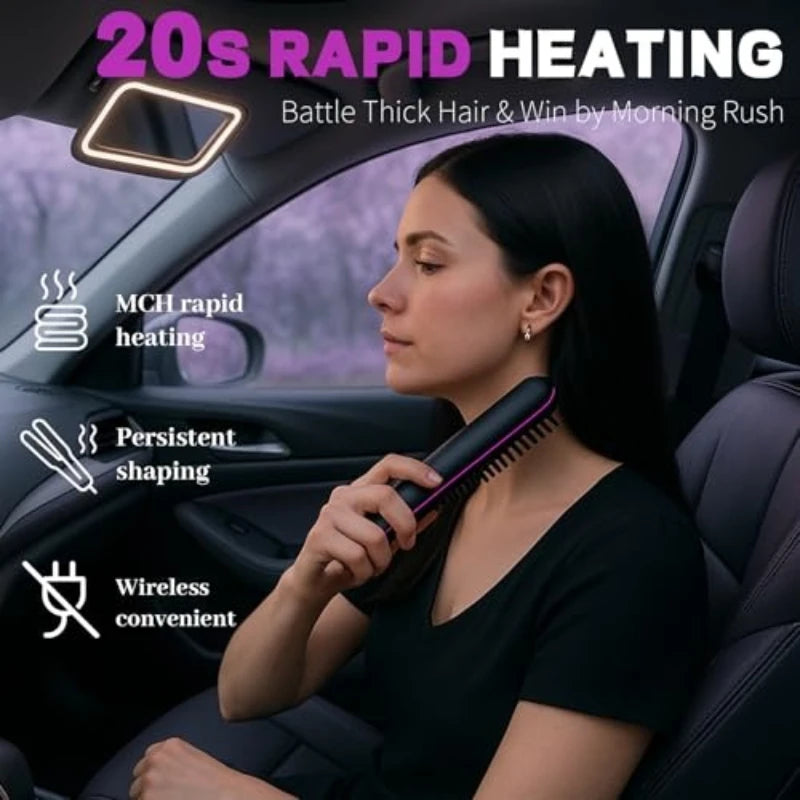 Sunny Hair: Upgrade Portable Straightener Brushs for Travel with LCD Temperature Display Fast Heating Cordless Mini Hair Brushs for Women