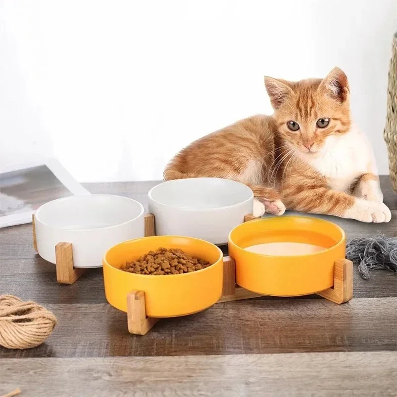 Plato de cerámica para mascotas con soporte de madera, tazón doble de cerámica sin derrames para perros y gatos, comedero de agua, para gatos y perros pequeños