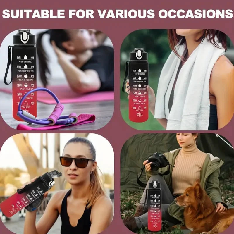 Botella de agua deportiva con pajita marcadora de tiempo, tapa abatible con cierre a prueba de fugas para fácil transporte, ideal para aventuras al aire libre
