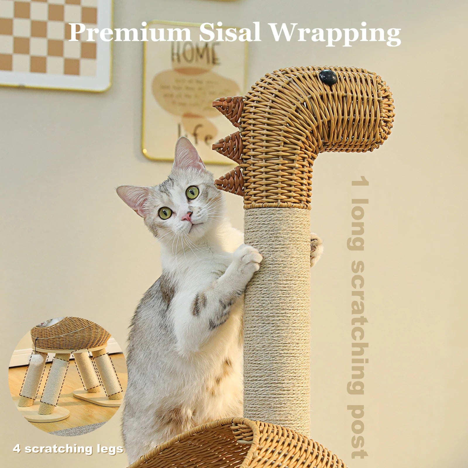 Torre de árbol para gatos Dinosaurio con rascador de sisal, condominio grande de mimbre para gatos, cama de mimbre para gatos con alfombrilla extraíble, juguetes para gatos