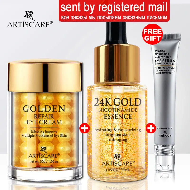 ARTISCARE SET de cuidado de la piel con oro de 24K, Crema facial, Suero hidratante, Esencia para ojeras, Productos coreanos para el cuidado de la piel