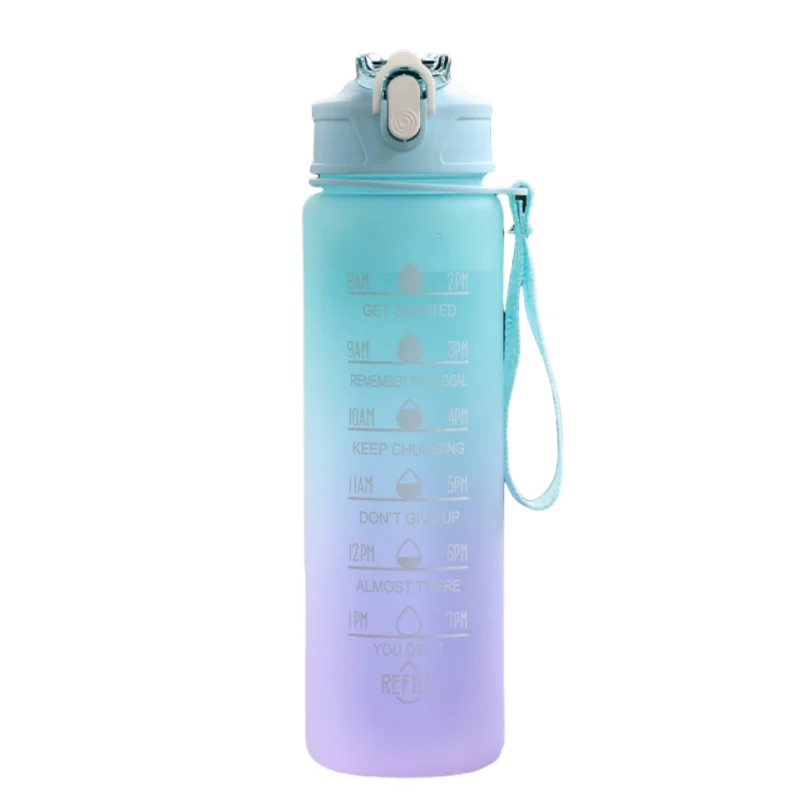 Botella de agua deportiva con pajita marcadora de tiempo, tapa abatible con cierre a prueba de fugas para fácil transporte, ideal para aventuras al aire libre