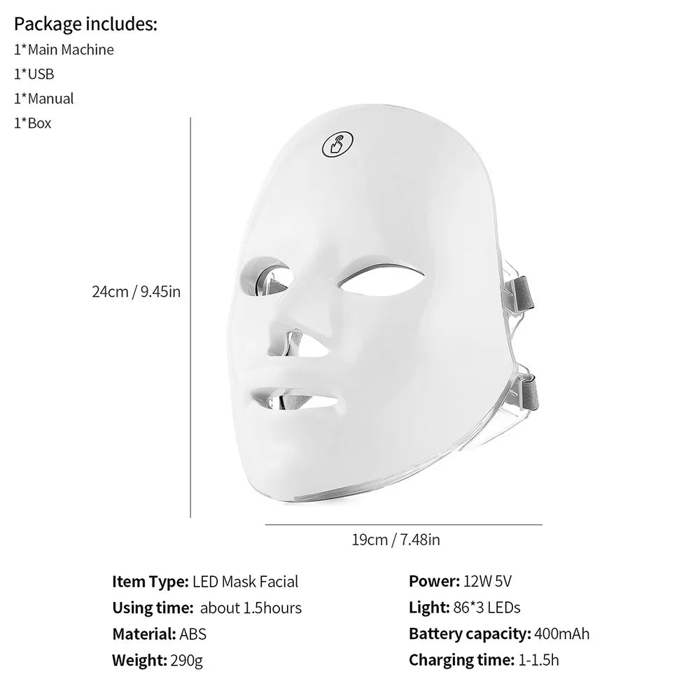 Mascarilla LED Facial Recargable de 7 Colores Máscara de Belleza con Fotones LED Rejuvenecimiento de la Piel Lifting Facial en Casa Blanqueamiento Cuidado de la Piel Máscara de Belleza