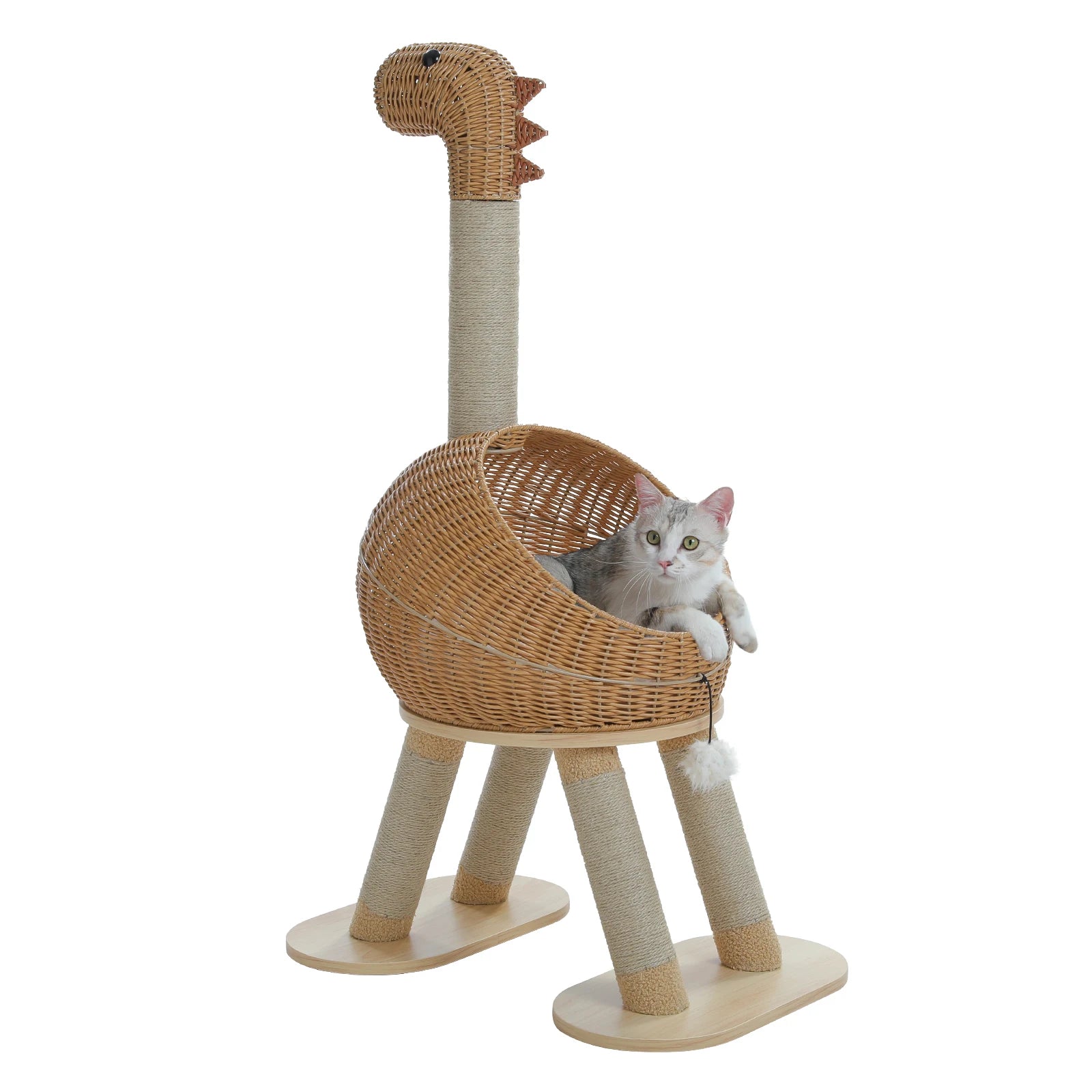 Torre de árbol para gatos Dinosaurio con rascador de sisal, condominio grande de mimbre para gatos, cama de mimbre para gatos con alfombrilla extraíble, juguetes para gatos