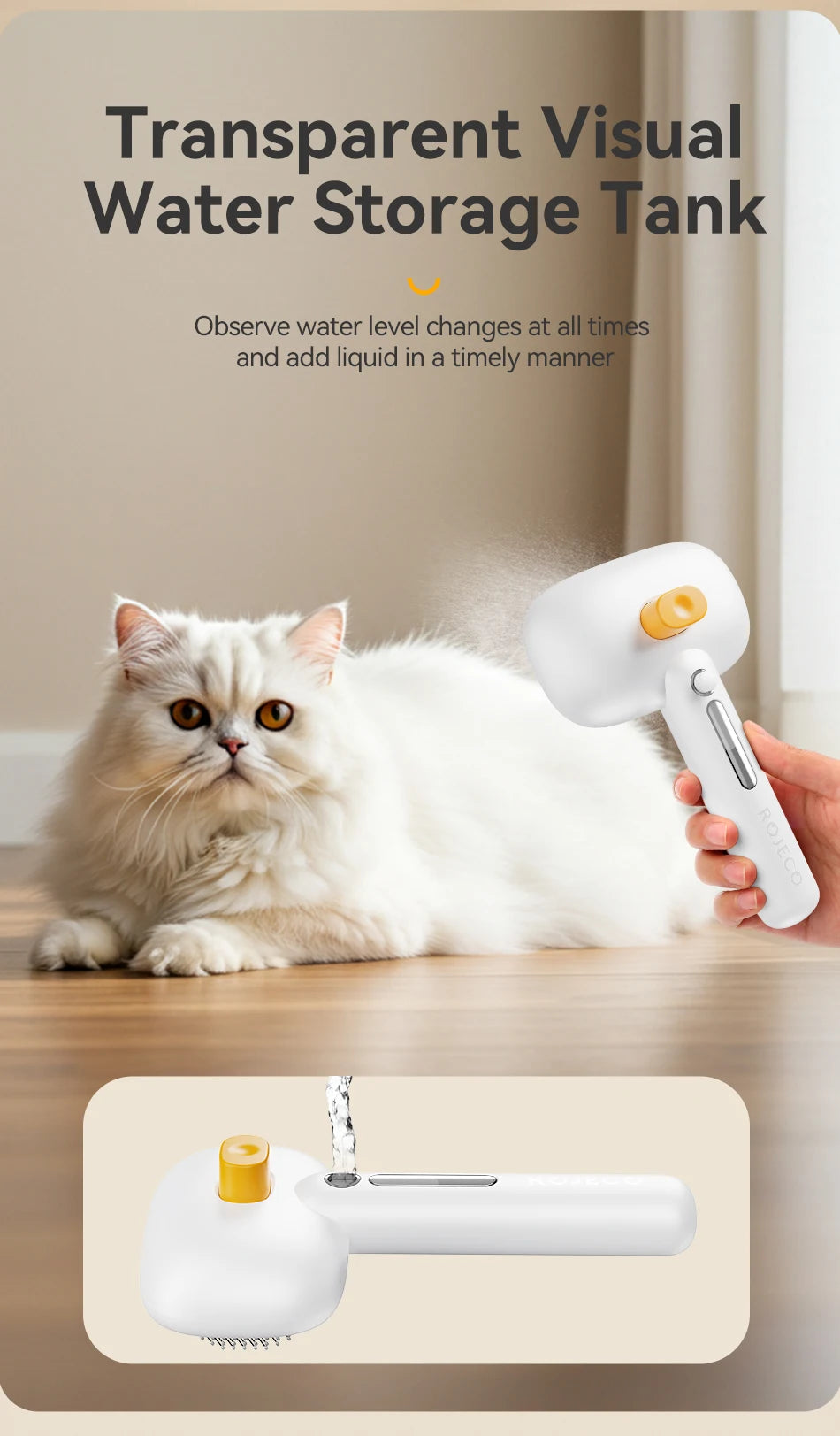 Cepillo de vapor eléctrico ROJECO para mascotas, cepillo pulverizador para perros y gatos, peine para eliminar el pelo de mascotas, herramienta de aseo para mascotas, cepillo de niebla de agua removedor de pelo