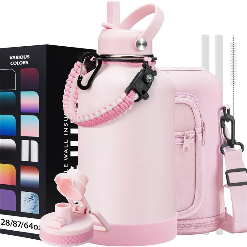 Juego de botella de agua al vacío grande de acero para deportes 64oz 2L Botella al vacío con aislamiento de doble pared con bolsa