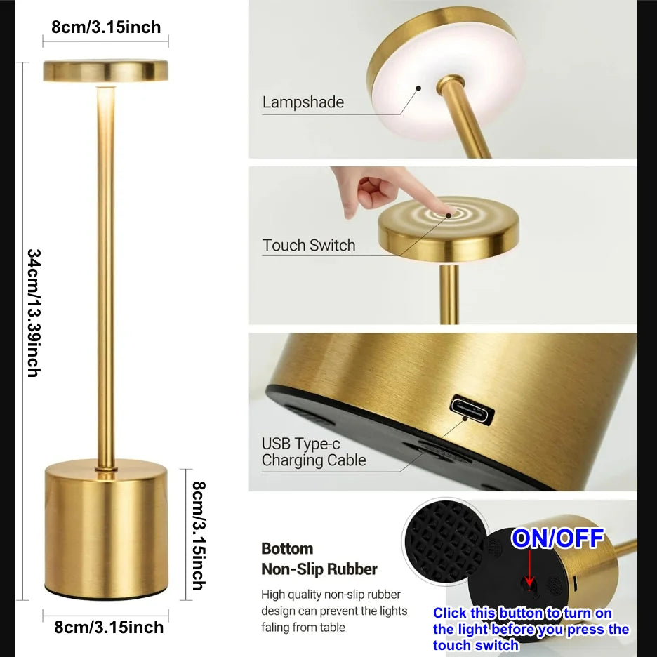 Classic Table Lamp USB Rechargeable Night Light 3 Colors Dimming Touch Desk Lamp Bedside Lamp Hotel Coffee Shop Club