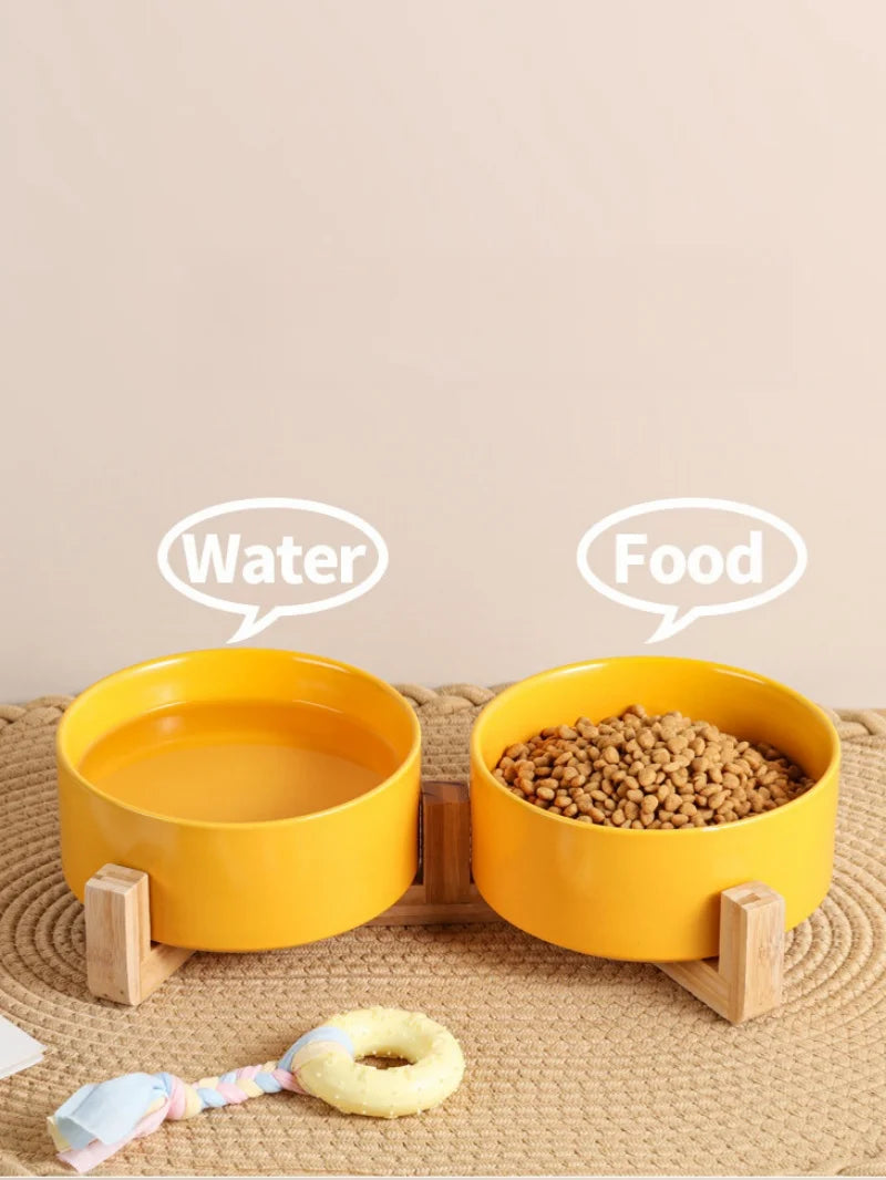 Plato de cerámica para mascotas con soporte de madera, tazón doble de cerámica sin derrames para perros y gatos, comedero de agua, para gatos y perros pequeños
