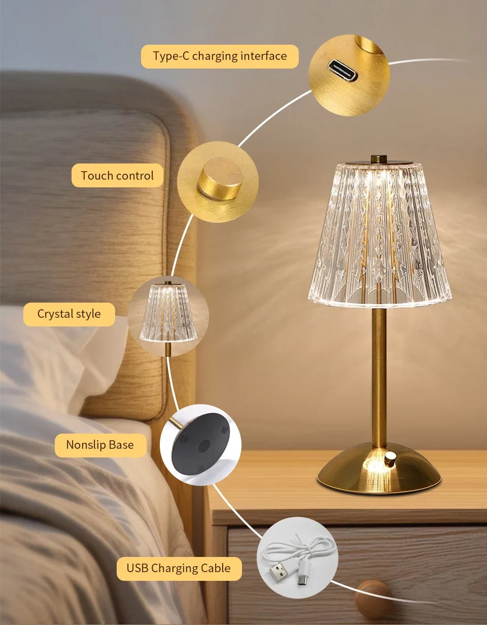 Lámpara de mesa LED recargable por USB con atenuación táctil, luz ambiental para cafetería/bar, luz nocturna de lectura con protección ocular, decoración para dormitorio