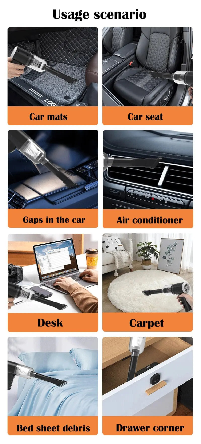 Sunny Clean: Aspiradora de coche inalámbrica de 9000 Pa, carga USB, 1200 mAh, electrodoméstico de limpieza portátil, mini aspiradora húmeda y seca para el hogar
