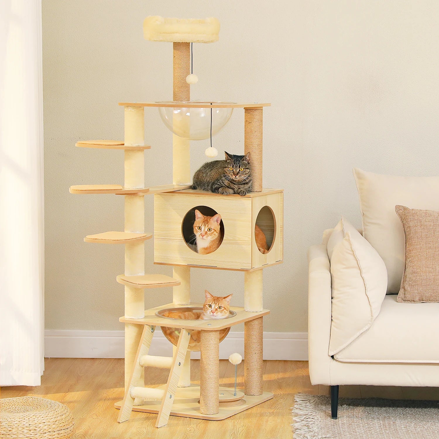 Árbol para Gatos de Varios Niveles, Torre de Madera para Gatos de Interior con Rascadores, Amplio Condominio, Hamaca, Plataforma Superior y Rascador para Gatos, Juguetes para Gatos