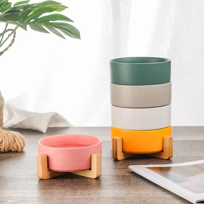 Plato de cerámica para mascotas con soporte de madera, tazón doble de cerámica sin derrames para perros y gatos, comedero de agua, para gatos y perros pequeños
