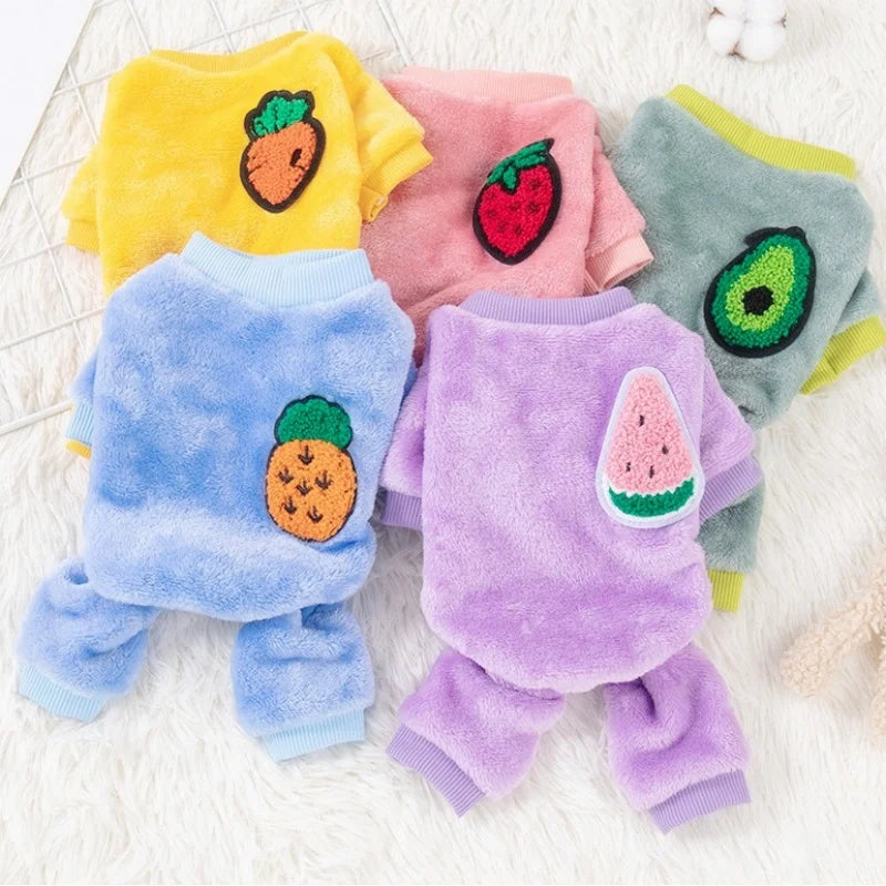 Monos de perro de moda, pijamas cálidos de felpa de invierno para perros, ropa de cuatro patas para cachorros, monos con estampado de frutas para gatos, ropa para perros chihuahua